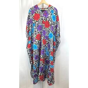ASHRO Floral Caftan Maxi Dress V Neck Multicolor One Size OS